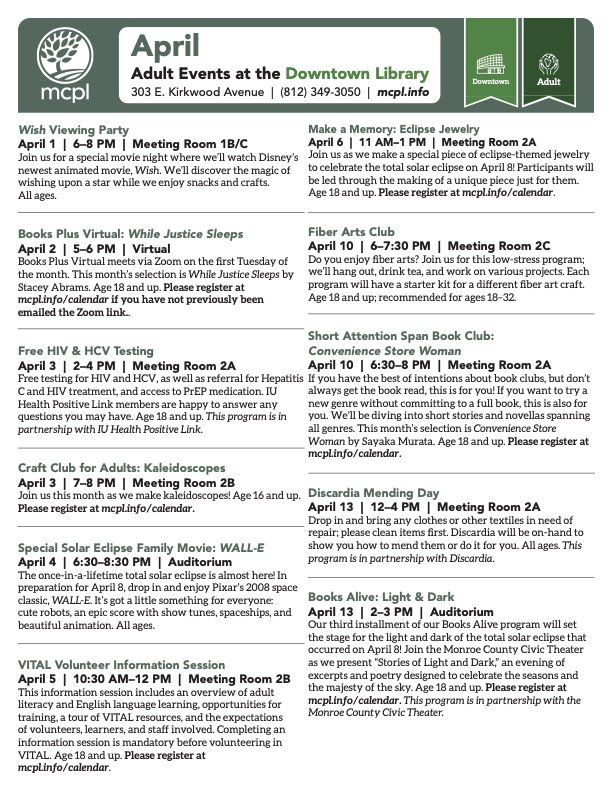 Downtown Library Adult Program Calendar