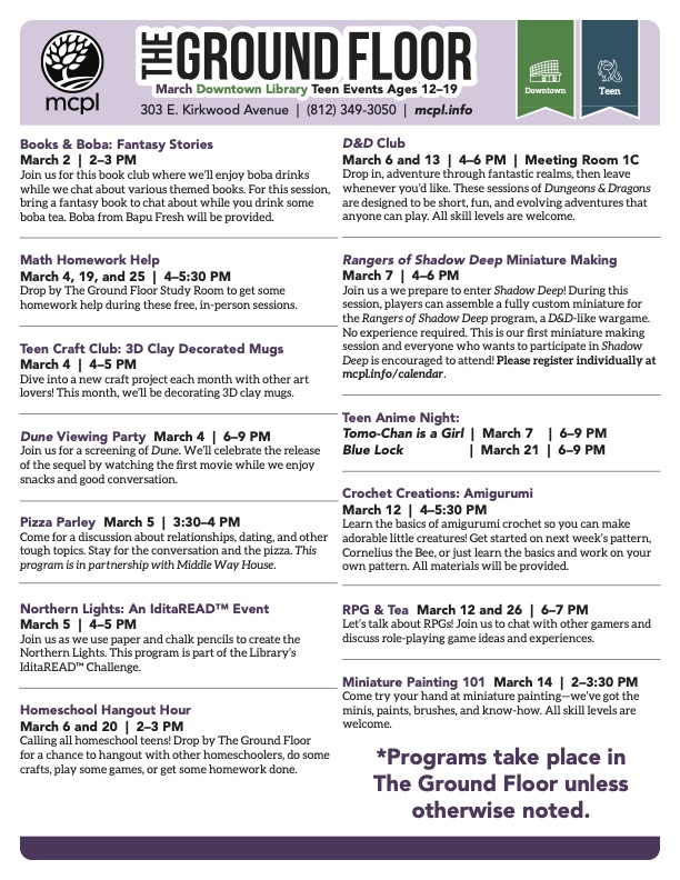Downtown Library Teens Program Calendar