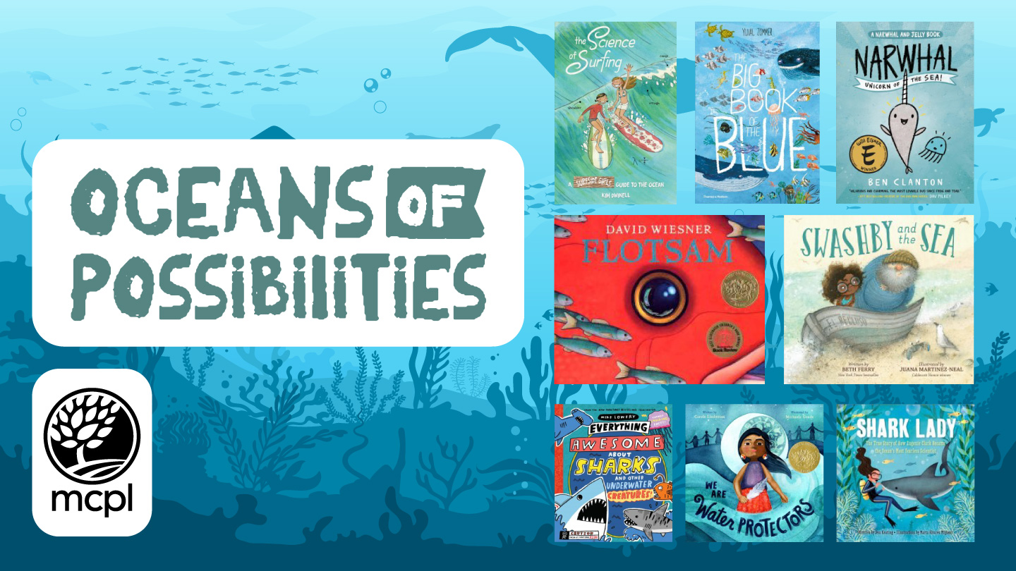 Collage of book covers from the list on a background of oceans and children reading.