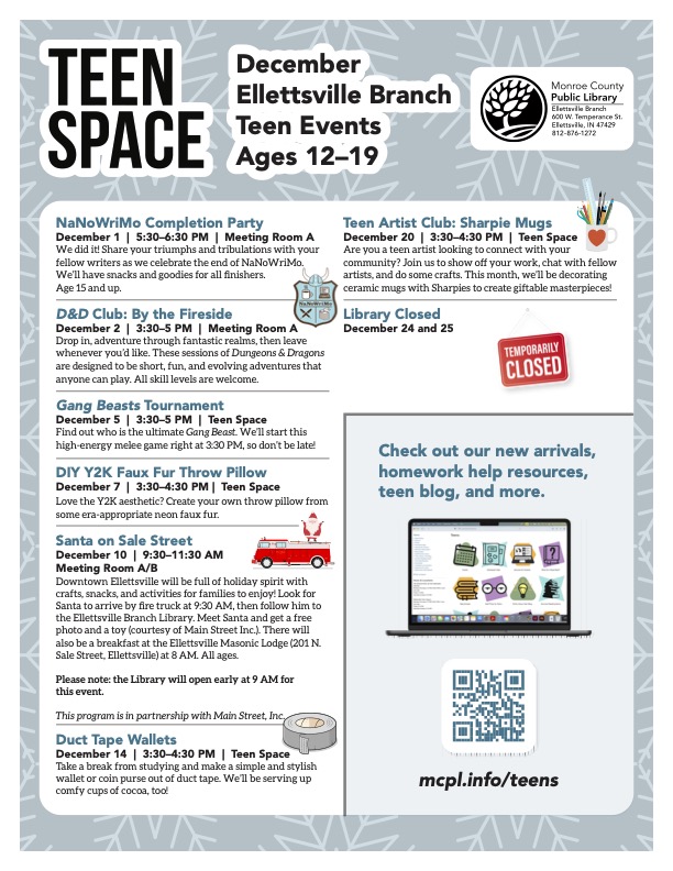 Ellettsville Branch Teen Space Program Calendar