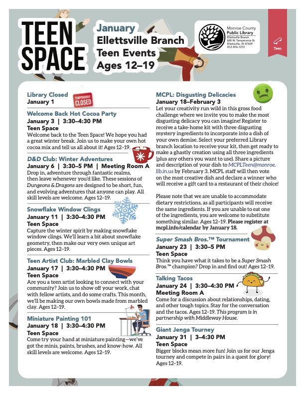 Ellettsville Branch Teen Space Program Calendar