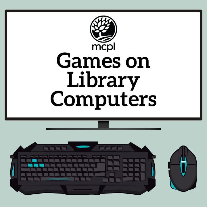 Games on Library Computers, picture of monitor, keyboard, and mouse