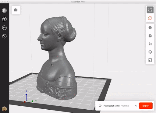 Animated gif showing selecting and adding supports to 3D print model in MakerBot