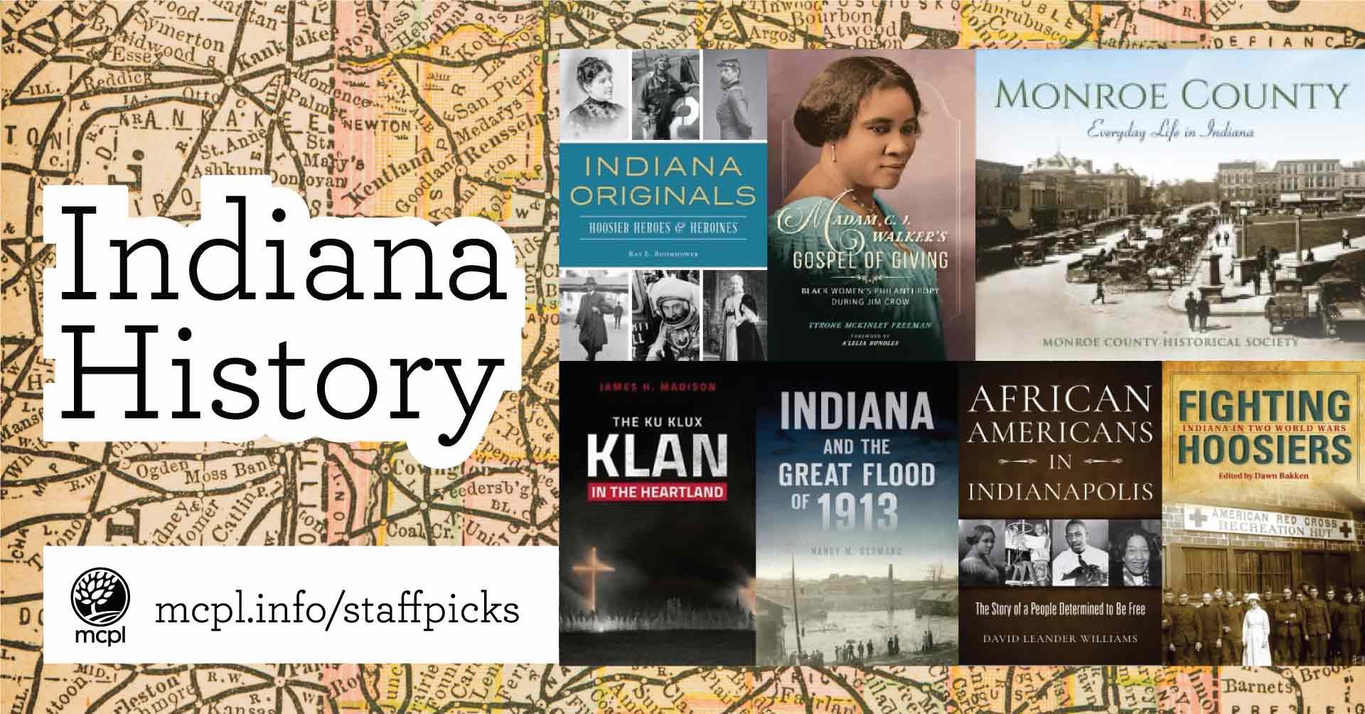 A collage of book covers with a map of indiana as the background. Text reads "Indiana History"