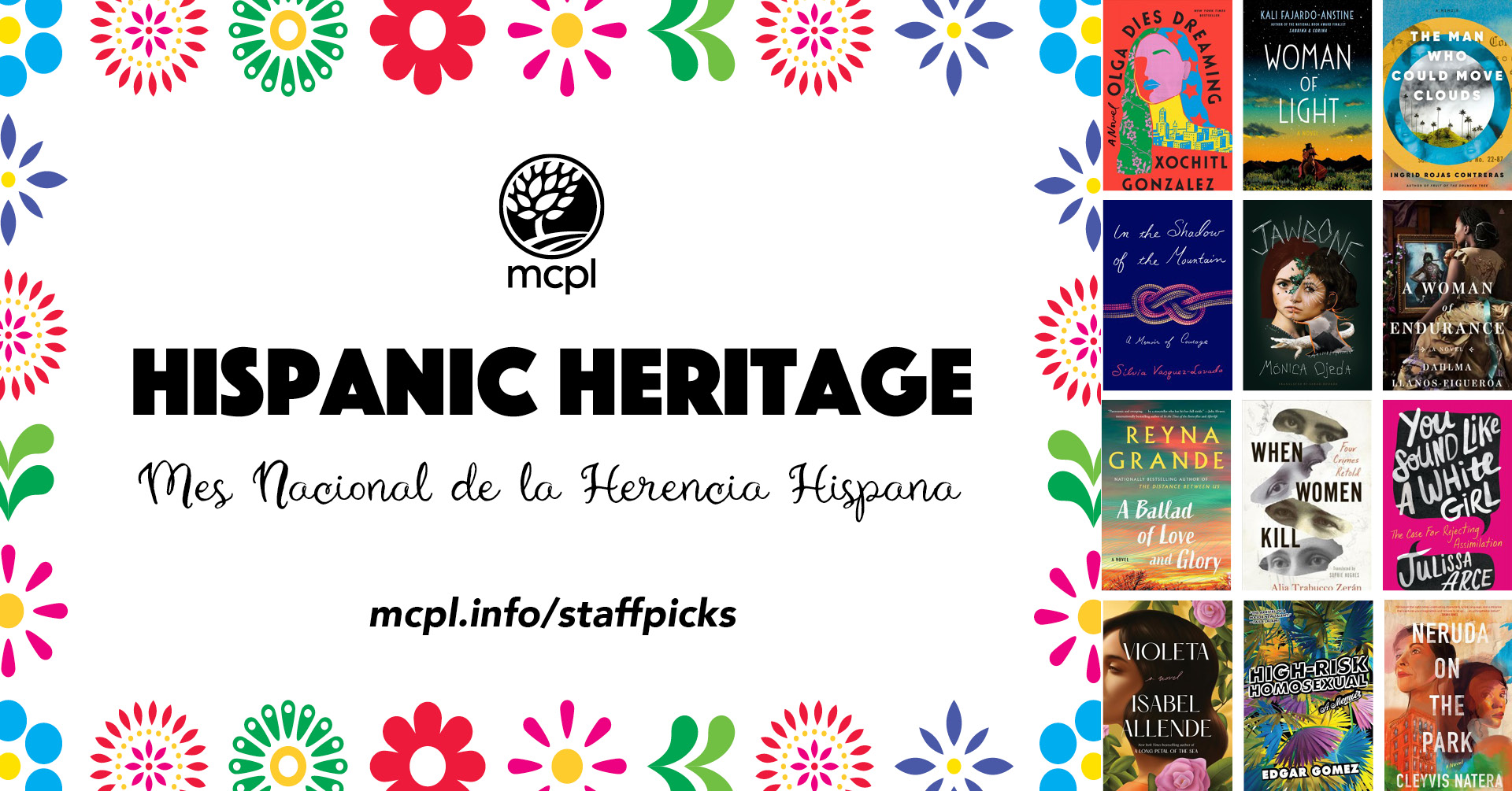 Collage of book covers from the list with the text "Hispanic Heritage" and "Mes Nacional de la Herencia Hispana".