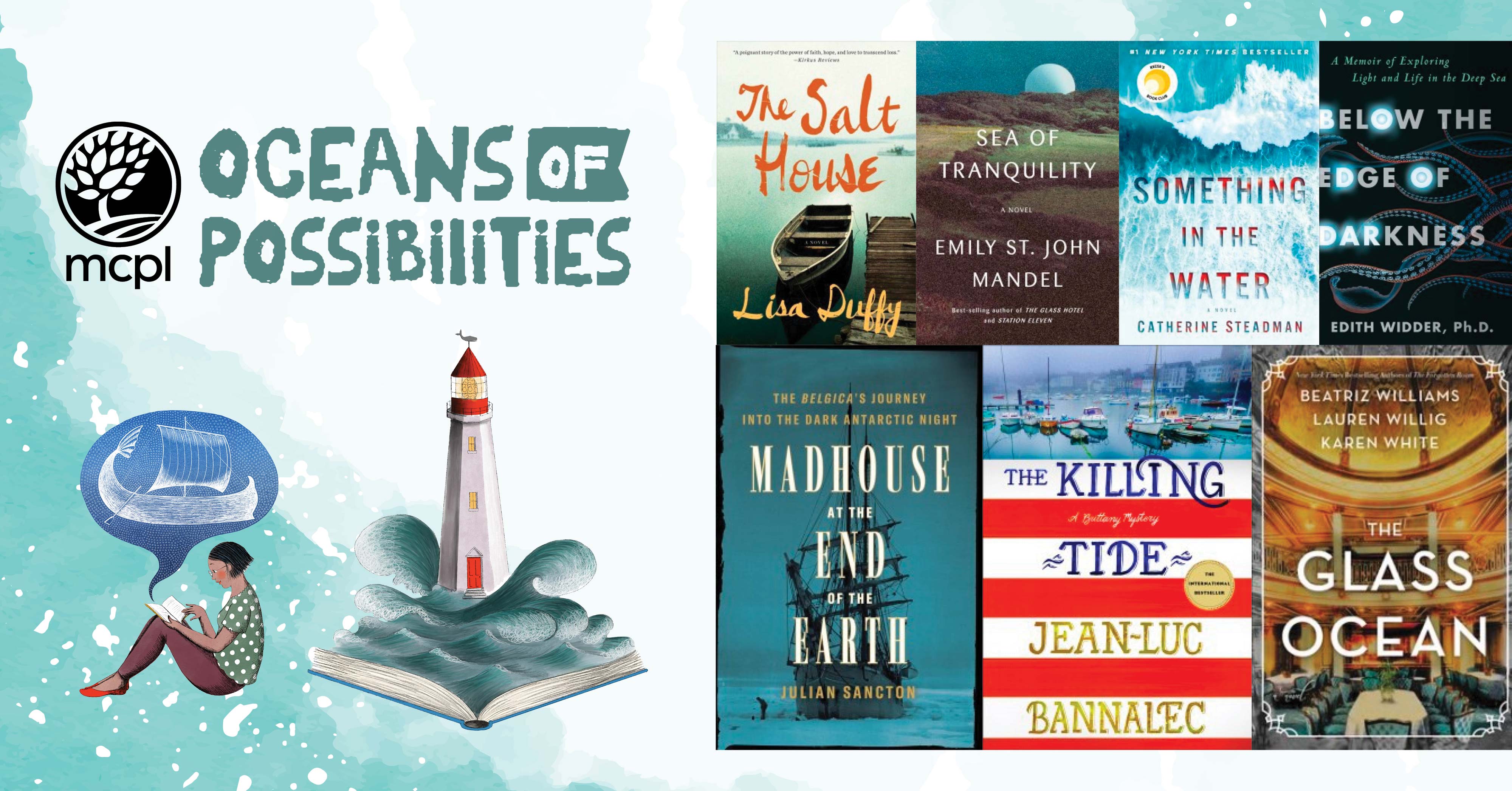 A collage of book titles from the list with the title "Oceans of Possibilities", illustrations of a person reading and a lighthouse emerging from the book. 