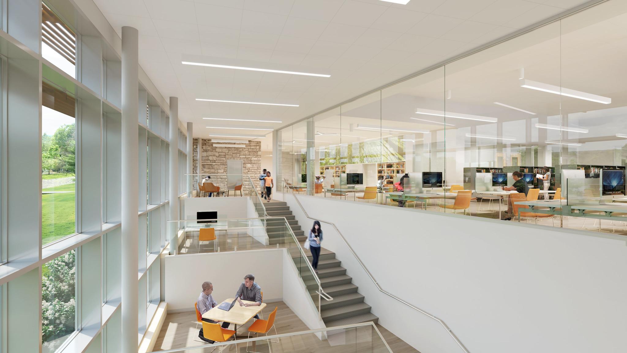 A rendered image of the Library's atrium shows small meeting spaces on the left and stairs leading to the main floor. In the background, bookshelves and computer workstations are visible behind a large glass wall. Patrons are scattered through the spaces.