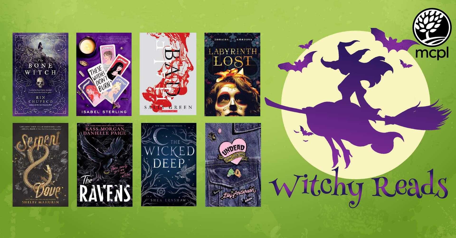 Witchy Reads with a witch silouette and book covers