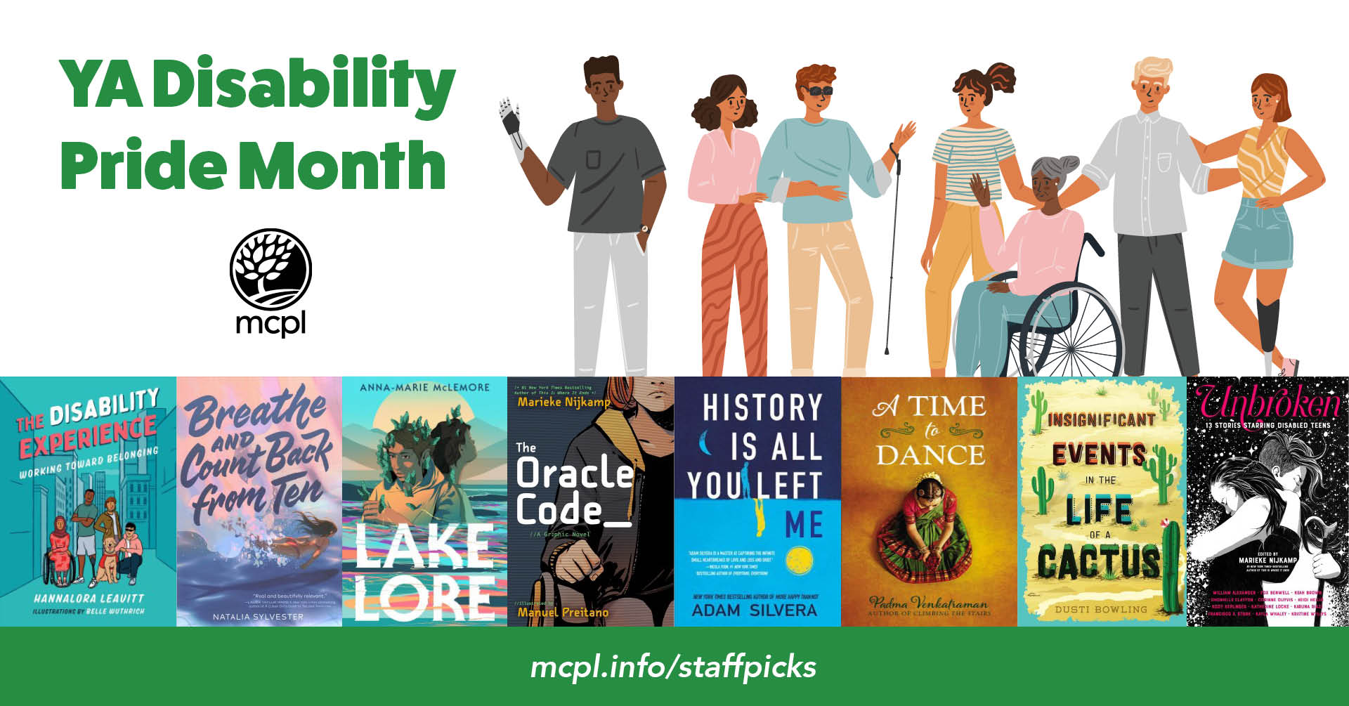 A collage of book covers with an illustration of multiple teens with disabilities. Text reads YA Disability Pride Month. 